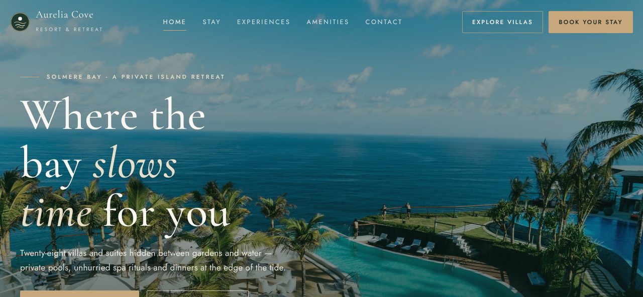 Evening Retreat demo site — desktop view