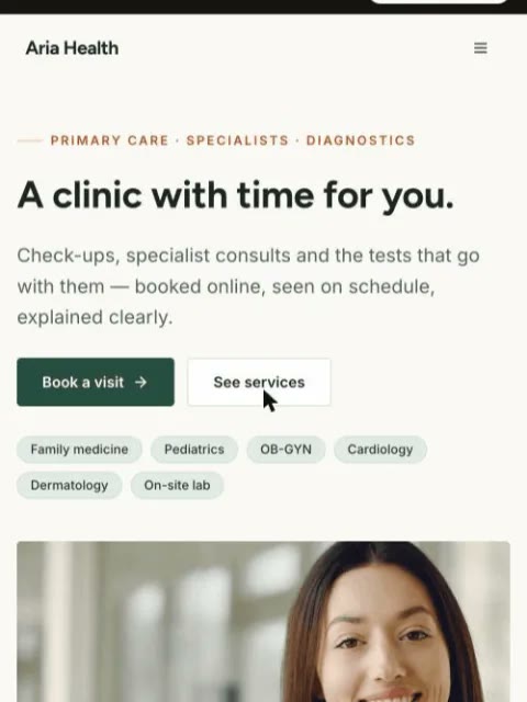 Modern Clinic template — mobile view